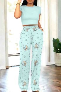 Baby Blue Casual Print Pocket Patchwork O Neck Short Sleeve Two Pieces