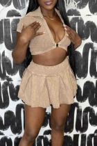 Apricot Sexy Solid Color Patchwork Ruched V Neck Short Sleeve Two Pieces