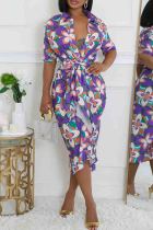 Blue Elegant Print Patchwork Strap Design Turndown Collar Printed Dresses