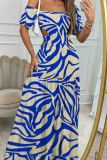 Cyan Sexy Print Hollow Out Patchwork Backless Off Shoulder Long Dresses