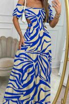 Blue Sexy Print Hollow Out Patchwork Backless Off Shoulder Long Dresses