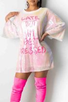 Pink Casual Letters Sequins Patchwork O Neck Straight Dresses