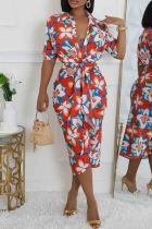 Red Elegant Print Patchwork Strap Design Turndown Collar Printed Dresses