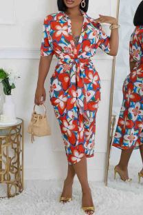 Red Elegant Print Patchwork Strap Design Turndown Collar Printed Dresses
