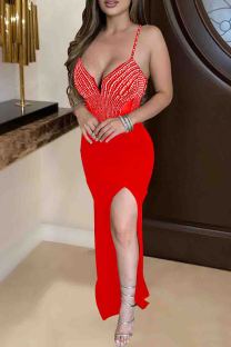 Red Sexy Patchwork Backless High Slit Hot Drill Spaghetti Strap Sling Dresses