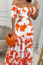 Tangerine Red Sexy Print Hollow Out Patchwork Backless Off Shoulder Long Dresses