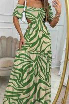 Green Sexy Print Hollow Out Patchwork Backless Off Shoulder Long Dresses
