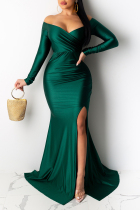 Green Sexy Prom Solid Color Slit Ruched V Neck Evening Dresses