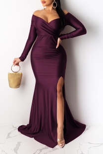 Burgundy Sexy Prom Solid Color Slit Ruched V Neck Evening Dresses