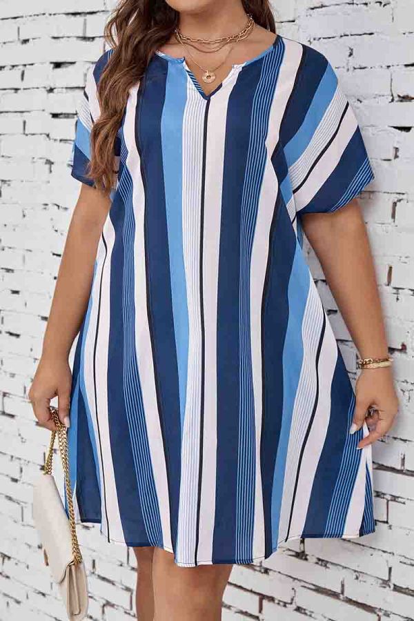 Blue Casual Colorblock Patchwork Contrast V Neck Straight Plus Size Dresses
