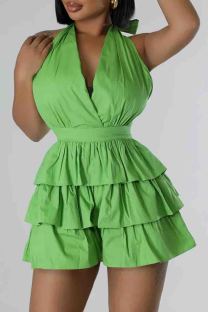 Green Sexy Solid Color Patchwork Backless Strap Design Ruffled Trim Halter Loose Rompers