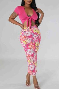 Pink Sexy Print Patchwork Strap Design V Neck Short Sleeve Two Pieces