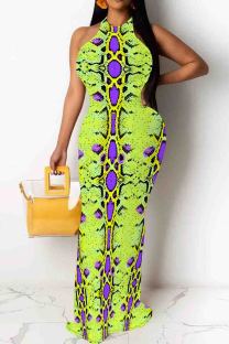 Green Purple Casual Snakeskin Print Patchwork O Neck Long Dresses