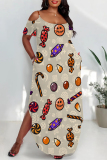 Orange Sexy Graffiti Print Pocket U Neck Printed Plus Size Dresses