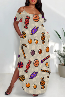 Apricot Sexy Graffiti Print Pocket U Neck Printed Plus Size Dresses