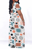 Apricot Casual Street Geometric Print Contrast O Neck Short Sleeve Two Pieces
