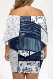 Black And White Sexy Geometric Print Irregular Contrast Off Shoulder Printed Plus Size Dresses