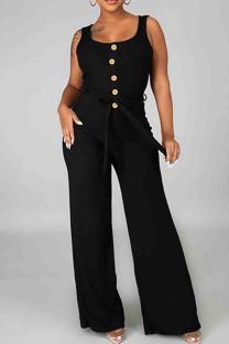 Black Casual Solid Color Buckle Patchwork Strap Design U Neck Loose Jumpsuits