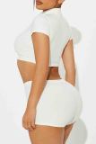 White Sexy Solid Color Patchwork Zipper Zipper Collar Short Sleeve Two Pieces