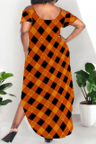 Orange Sexy Graffiti Print Pocket U Neck Printed Plus Size Dresses