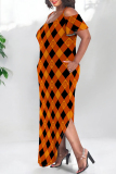 Orange Sexy Graffiti Print Pocket U Neck Printed Plus Size Dresses