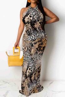 Khaki Casual Snakeskin Print Patchwork O Neck Long Dresses