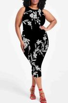 Black Sexy Print Patchwork O Neck Wrapped Skirt Plus Size Dresses