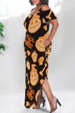 Orange Sexy Graffiti Print Pocket U Neck Printed Plus Size Dresses