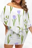 White Purple Sexy Print Patchwork Backless Off Shoulder Wrapped Skirt Plus Size Dresses