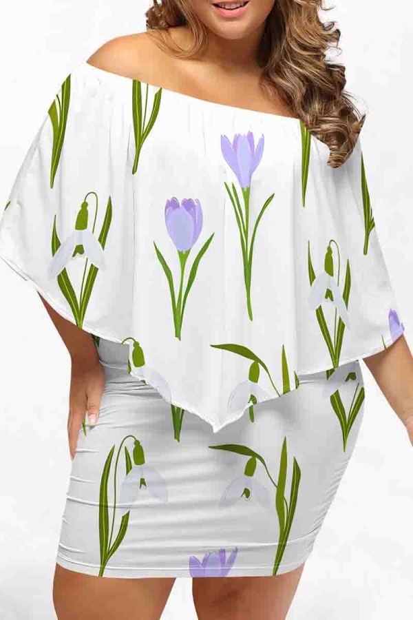 White Purple Sexy Print Patchwork Backless Off Shoulder Wrapped Skirt Plus Size Dresses