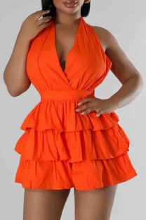 Orange Red Sexy Solid Color Patchwork Backless Strap Design Ruffled Trim Halter Loose Rompers