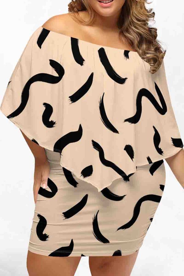 Khaki Sexy Print Patchwork Backless Off Shoulder Wrapped Skirt Plus Size Dresses