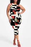White Casual Geometric Print Floral Print Contrast O Neck Printed Plus Size Dresses