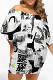 Black And White Sexy Geometric Print Irregular Contrast Off Shoulder Printed Plus Size Dresses