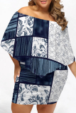 Black And White Sexy Geometric Print Irregular Contrast Off Shoulder Printed Plus Size Dresses