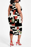 White Casual Geometric Print Floral Print Contrast O Neck Printed Plus Size Dresses