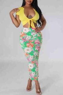 Green Sexy Print Patchwork Strap Design V Neck Short Sleeve Two Pieces