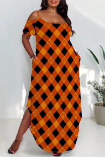 Orange Sexy Graffiti Print Pocket U Neck Printed Plus Size Dresses