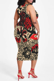 White Casual Geometric Print Floral Print Contrast O Neck Printed Plus Size Dresses