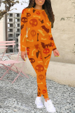Black Casual Daily Graffiti Print Contrast O Neck Long Sleeve Two Pieces