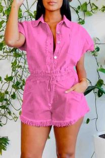 Pink Casual Solid Color Draw String Pocket Buckle Patchwork Turndown Collar Short Sleeve Two Pieces