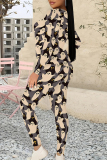 Black Casual Daily Graffiti Print Contrast O Neck Long Sleeve Two Pieces