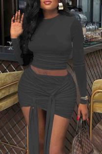 Black Sexy Solid Color Patchwork Ruched Strap Design O Neck Long Sleeve Two Pieces