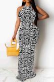 Black Gray Casual Snakeskin Print Patchwork O Neck Long Dresses
