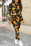 Black Casual Daily Graffiti Print Contrast O Neck Long Sleeve Two Pieces