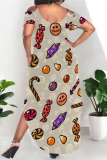 Orange Sexy Graffiti Print Pocket U Neck Printed Plus Size Dresses