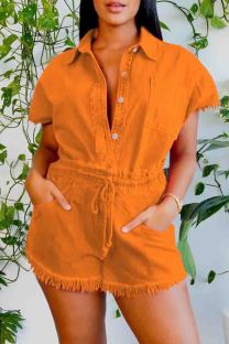 Tangerine Red Casual Solid Color Draw String Pocket Buckle Patchwork Turndown Collar Short Sleeve Two Pieces