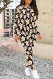 Black Casual Daily Graffiti Print Contrast O Neck Long Sleeve Two Pieces