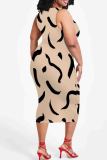 Brown Sexy Print Patchwork O Neck Wrapped Skirt Plus Size Dresses