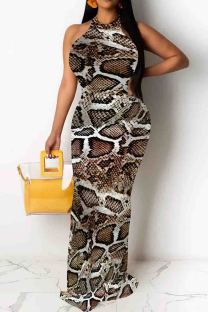 Brown Casual Snakeskin Print Patchwork O Neck Long Dresses